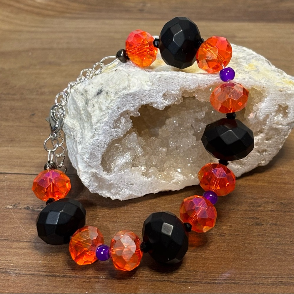 Halloween Bracelet Orange and Black Glass